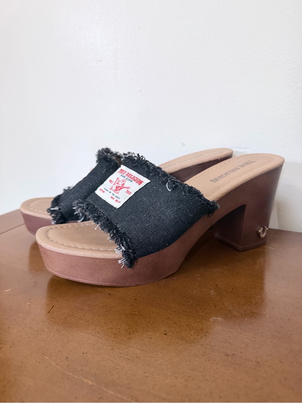 True Religion Block Heel Chunky Mule Denim Jean Frayed Strap Iconic Logo Patch 9
